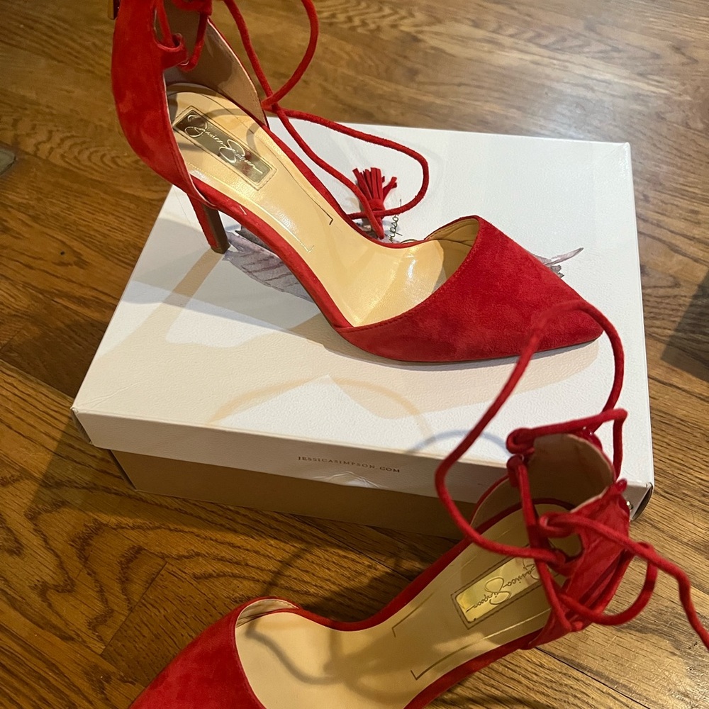 Red suede like ankle lace heels